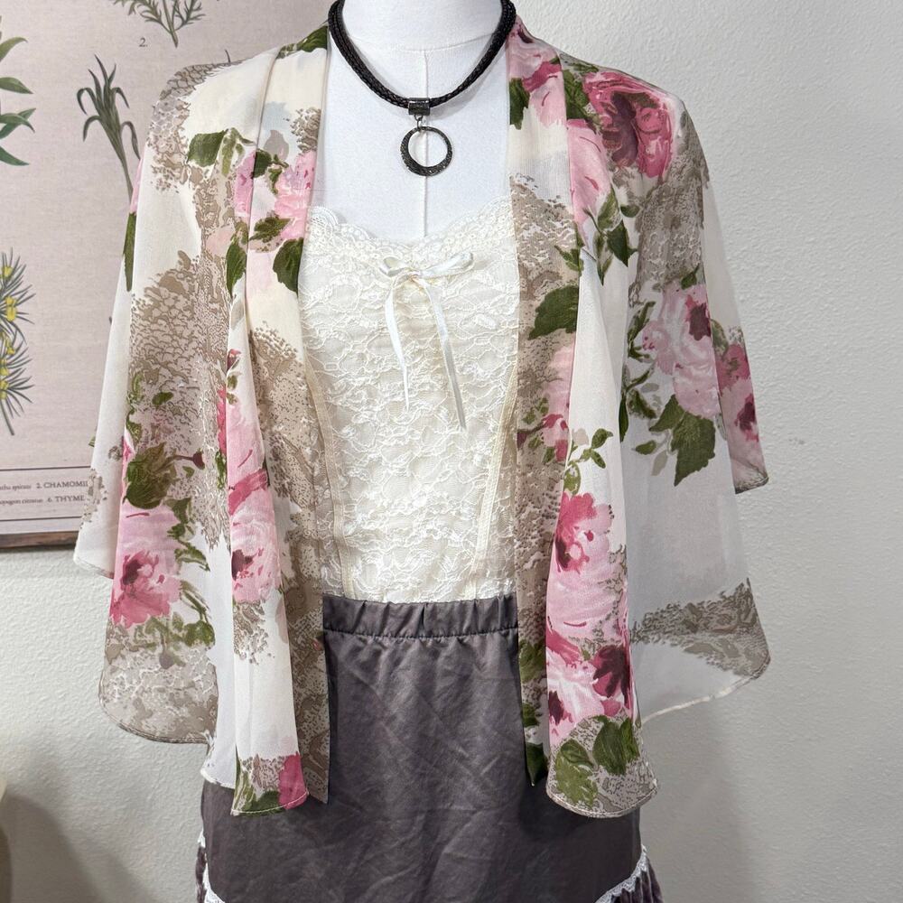 Vintage 90s Y2k Sheer Floral Kimono Jacket Romantic Fairy Coquette Dolly XS S M